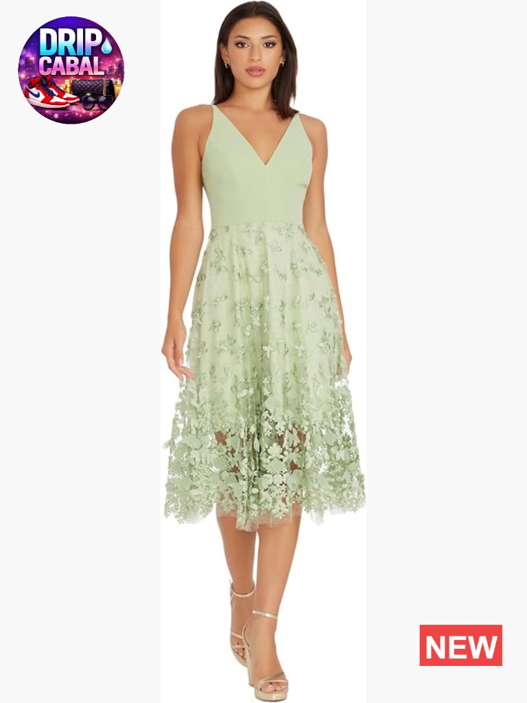 Sleeveless Plunging Neckline Fit And Flare Midi Dress With Floral Appliqu